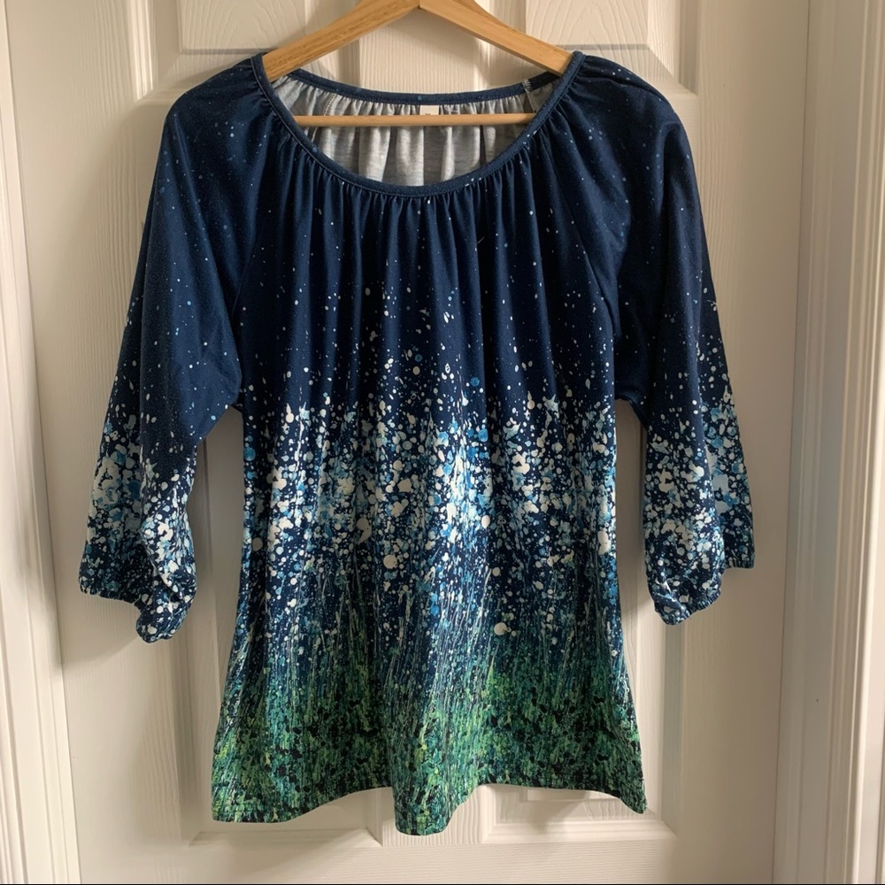 Abstract print boat neck sweatshirt, 3/4 length balloon sleeve